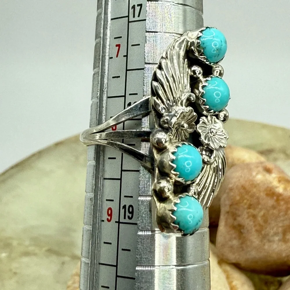Native American 925 Turquoise Floral & Leaf Ring by Harris Largo – 5.47g